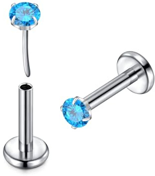 Briana Williams 16G G23 Titanium Tragus Piercing Jewellery, Threadless Push-in Labret Stud for Helix Conch Medusa Nose Lip, 8mm Secure Flat Back Earrings for Men Women, Blue CZ