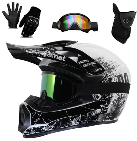 Casco de Motocicleta Infantil para JóVenes, Casco Integral para Motocross, BMX Y Quads, con CertificacióN Dot, Incluye Gafas, Guantes Y MáScara(Style D,XL(59-60CM))