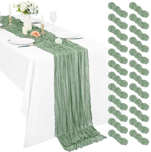24 Stück Salbeigrün Seihtuch Tischläufer 3 m Boho Gaze Tischläufer 55 x 300 cm rustikal romantisch Langer Tischläufer für Hochzeit Party Brautparty Erntedankfest Weihnachtsdekoration