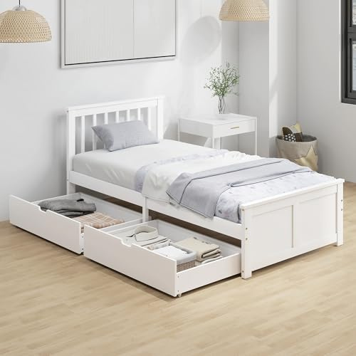 HOMCOM - Marco de cama de 90 x 190 cm, madera maciza, cama con 2 cajones sobre ruedas, cabecera, pie de cama, somier de láminas, sin ruidos, color blanco