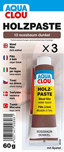 Clou Holzpaste zum Reparieren und Auskitten von Holzschäden nussbaum dunkel, 3×60 g: gebrauchsfertige Paste geeignet für den gesamten Innenbereich