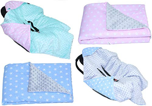 Baby Einschlagdecke MINKY-WEIßE STERNE- mit Kapuze 90x90 cm Babyschale Decke (Auf BLAU mit GRAU)