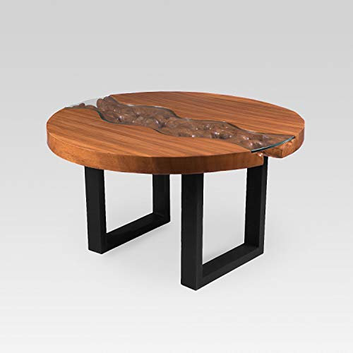 Rikmani Holztisch mit Glasplatte Vollholz handgefertigt Tisch rund Beistelltisch Couchtisch River (100x100x45 cm)