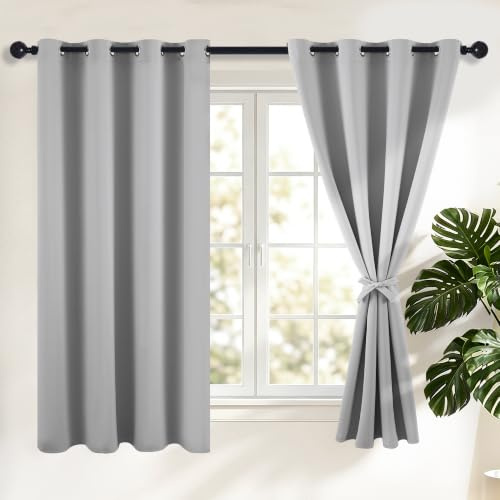 Hiasan mörkläggningsgardiner gardiner med öljetter, silvergrå ogenomskinliga gardiner, 2 stycken, 132 x 160 cm (bredd x höjd), mjuka skjutgardiner för sovrum, vardagsrum etc.