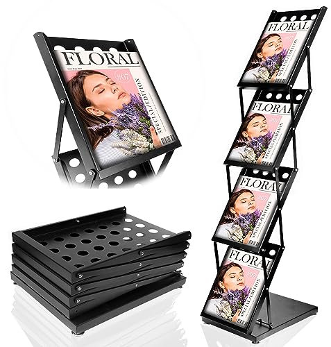 VAIIGO Prospektständer A4 aus Eisen – Faltbarer Flyer- & Zeitschriftenständer, Broschüren-Displayständer mit 4 Fächern & Tragetasche, Bodenaufsteller für Messe, Büro & Ausstellung (Schwarz)