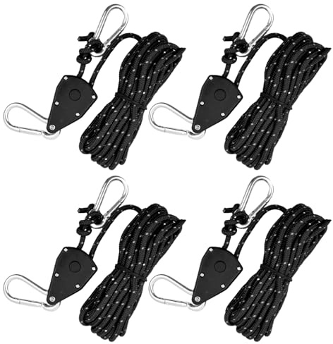 4pcs Reflective Tent Guy Ropes, 4mm Tent Camping Cord with Pulley, Heavy Duty Guide Rope with Aluminum Adjuster, Tent Guy Ropes Lines for Awning Outdoor Camping Gazebo Hiking Picnics (Black)