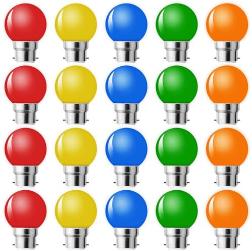 MZYOYO B22 LED Bajonett LED Glühbirne,1W Farbige Glühbirnen,B22 G45 Glühbirne Bunt,Gemischte Farben LED Leuchtmittel,Rot Gelb Blau Grün Orange,für Lichterkette Party Halloween Dekoration,20er Pack