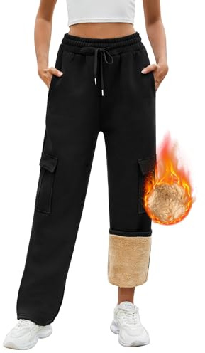 UMIPUBO Womens Fleece Lined Joggers Pant Fleece Thermal Straight Leg Jogging Bottoms with Pockets Baggy Cotton Sweatpants Winter Ladies Lounge Trousers Drawstring Tracksuit Bottoms Sports (Black, M)