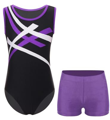 Yhong Jungen Gymnastik Trikot Kinder Turnanzug Ballettanzug Ärmellos Ballett Trikot Tanzbody mit Tanz shorts Tanzbekleidung Gym Sportwear Violett 146-152