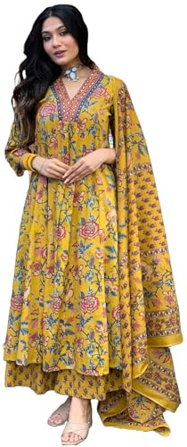 GoSriKi Women's Anarkali Viscose Kurta with Palazzo and Dupatta, Yellow, L