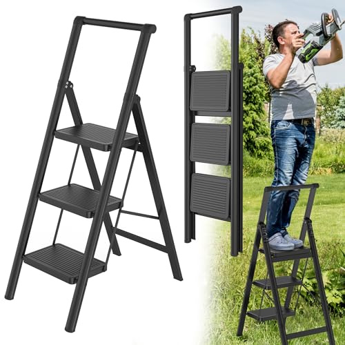HENGMEI Aluminium stegstege 3 steg, hopfällbar stege, stegpall, halkfri ståstege, trappstege, hushållsstege med halkfri pedal, multifunktionell stege, 150 kg lastbar (med ledstång)