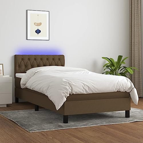 Willood Boxspringbett mit Matratze Bett Kopfteil LED, Einzelbett Bettgestell mit Lattenrost, Polsterbett Bettrahmen Dunkelbraun 90x190 cm Stoff Knopfheftung Design