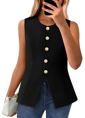 BTFBM Summer Sleeveless Blazer Vest For Women Dressy Button Down Round Neck Business Casual Outfits Work Suit Vests Tops(Black, Small)