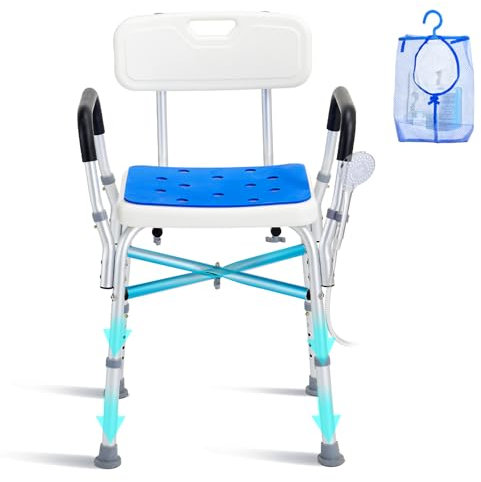 VEVOR Duschstuhl Duschsitz 181,4 kg belastbar, Duschhocker mit Querstange, gepolsterte Armlehnen & Rückenlehne, höhenverstellbarer Badestuhl für ältere Menschen Patient