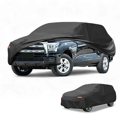 Partuto Universal SUV bilöverdrag vattentätt alla väder bilar regnskydd fulla yttre skydd med spegelfickor 190T-PU svart passform för SUV-längd 190 tum till 200 tum