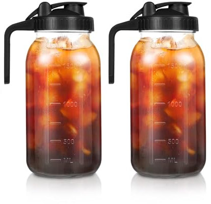 64oz Mason Jar Pitcher - Airtight & Leakproof Glass Pitchers with Handle and Lid, Perfect for Breastmilk, Cold Brew and Sun Tea for Outside,2 Quart Mason Jar with Pour Spout Lid,1/2 Gallon Water Jug