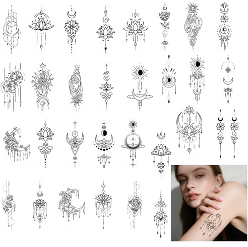30 hojas de tatuajes temporales de mandala negro, adhesivos impermeables 3D, para mujeres, hombres y niños, diseños atrapasueños, arte de brazo/cuerpo