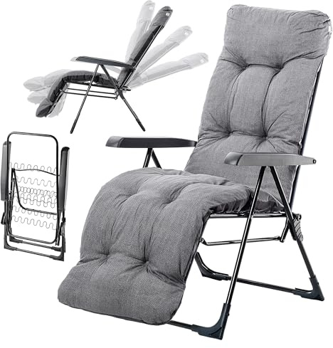 KADAX Gartensessel mit Einstellbarer Rücklehne, Relaxstuhl aus pulverbeschichteter Stahlkonstruktion, Klappsessel mit Tragfähigkeit bis 110kg, Gartenliege mit Kissen (Grau, L eckig)