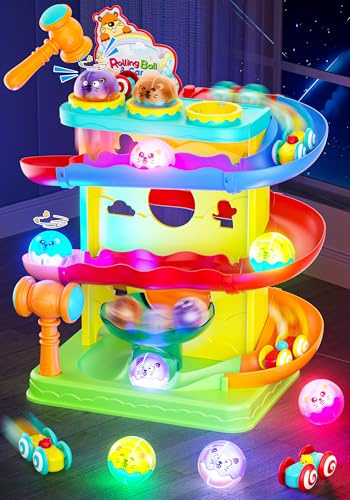 Funwee 2-in-1 Rolling Ball & Racing Car Ramp Toy for Toddlers, Race Track Hammer Lights Ball Drop, Interactive Montessori Learning Game for Kids 1-5+ Year Old Girl Boy Gift(Yellow)