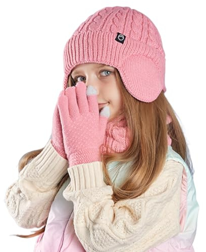 DAVBNM Kids Winter Beanie Hat Scarf Gloves Set, Warm Thermal Knitted Beanie Cap Snood Neck Warmer Touchscreen Mitten, Winter Accessories Set with Soft Fleece Lining for Kids Age 4-11 Outdoor Sports