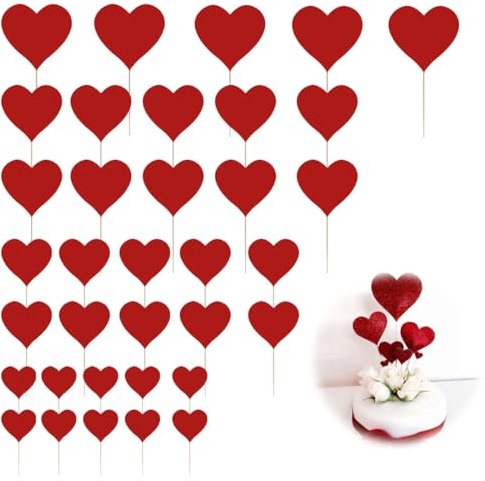 ARYIMYDP 35 Decorazioni Cuori Torte Cupcake, Top Glitterato Rosso Dorato per Matrimonio San Valentino Battesimo Compleanno Bambini Fai da Te Facile Applicazione