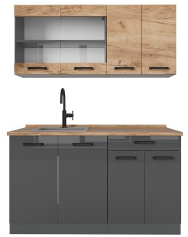 Vicco Küchenzeile R-Line, Goldkraft Eiche/Anthrazit, 140 cm zweifarbige Schränke, AP Eiche, zur flexiblen Erweiterung mit weiteren Modulen geeignet