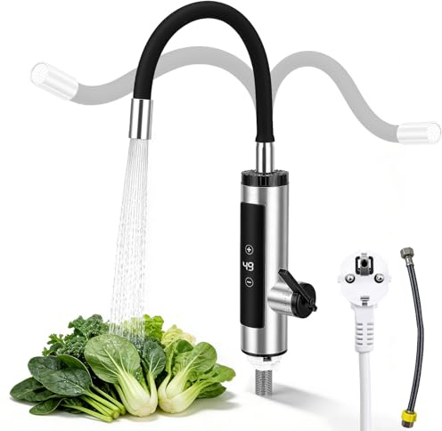 Grifo electr. calentador 220V 3000W, inox 304, 360 Grad, LED muestra temp., termostatico, anti-salpica, agua caliente al instante, manguera 1/2 (sin 3/8), enchufe Schuko fijo, montaje encimera