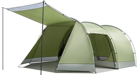 Tente tunnel - Tente de camping pour 4 personnes - 5000 mm - Étanche - Tente familiale - Tente de groupe - 420 x 260 x 150 cm - Tente de camping avec auvent - Cabine de couchage avec fond amovible