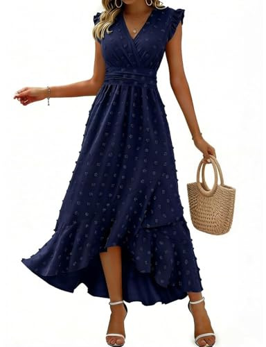 HUXRAKV Summer Wrap Dresses for Women UK Ladies V Neck Ruffle Sleeve Maxi Wedding Party Dress Ruched Waist Boho Beachdress