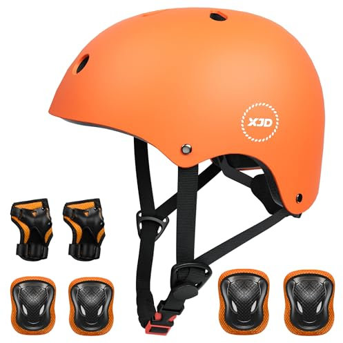 XJD Fahrradhelm Kinder Schoner Set(7er) Kinder Helm mit Knie- & Ellenbogen- & Handgelenkschützer Verstellbarer Schutz Jugend Skaterhelm für 3-13 Jahre Alt (Orange Set, S: 51-54 cm)