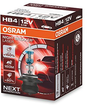 OSRAM NIGHT BREAKER LASER HB4, +150% mehr Helligkeit, Halogen-Scheinwerferlampe, 9006NL, 12V PKW, Faltschachtel (1 Lampe)