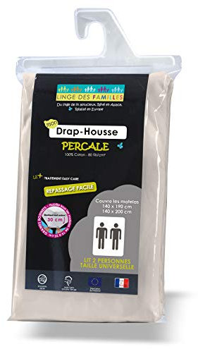 Linge des Familles - Drap Housse 140x190/200 cm - 100% Coton Percale - Coloris Lin - Grand Bonnet 30 cm - Elastique Tout Autour - Label Oeko-TEX® Standard 100 - Made in Europe
