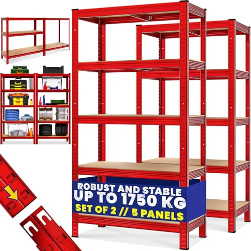 Monzana® 2x 5 Tier Heavy Duty Garage Shelving Unit Shed Racking Galvanised Steel Metal Shelving Units Storage Shelves Warehouse Shed Rack Workshop Shelf Unit Garage Storage 180x90x40cm Red