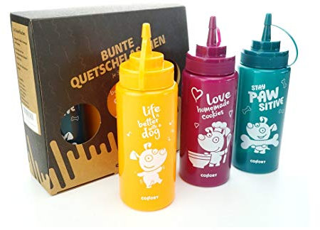 Collory Quetschflaschen Set (3 Flaschen je 500 ml), farbige Dosierflaschen für Saucen, Dressing, Ketchup, Senf, Mayo und Flüssigteig, Gewürzflasche, extra Soft, Motiv Hund