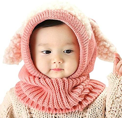 AIDIER Baby flickor pojkar vinter öronflp hatt baby söt kanin mössa termisk tjock stickad mössa halsduk kallt väder varm huva keps för barn 6-36 månader, Rosa, en storlek