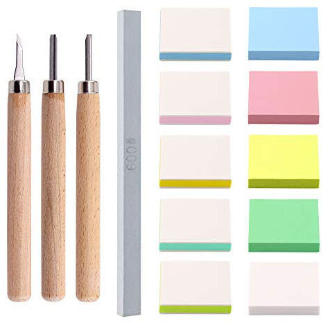 Swpeet 14Pcs 50mm Flat 2 Types Square Mixed Rubber Stamp Carving Blocks with 3Pcs Carving Knife Tools and Knife Polished Stone Kit, Double-Sided Removable Carving Block for Scrapbooking Postcards
