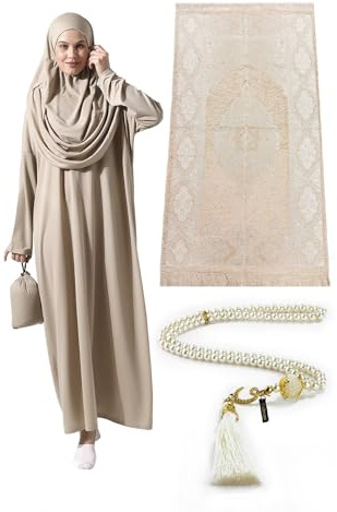 ihvan online Abiti musulmani da donna, abito da preghiera islamico a maniche lunghe, tappeto da preghiera e perline, set islamico, Visone, XS-XXL