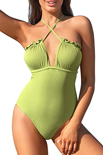 SHEKINI Donna Costume da Bagno Intero Regolabili Cross Ties-up Halter Costumi Interi Elegante Backless Monokini Beachwear（XL,Verde）