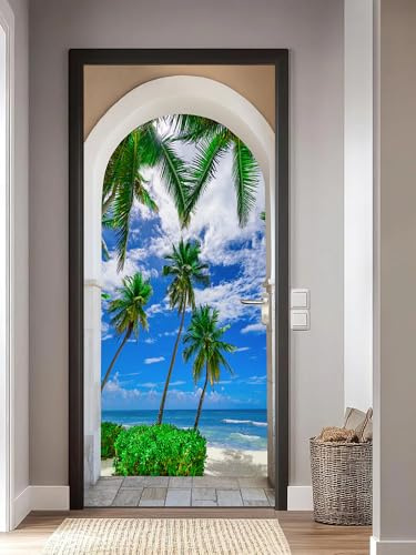 FLFK 3D Door Mural Peel and Stick 77x200cm - Open Door Arch View of Beach Self-Adhesive Door Stickers Wallpaper Wall Poster Decals for Bedroom Home Decor(2Pcs/Set)