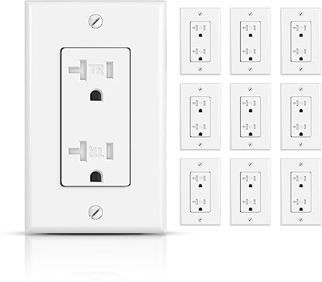 TOPELER 10Pack Decorator Receptacle Outlet, 20A Tamper-Resistant Electrical Wall Socket, Residential Grade, Self-Grounding, 2-Pole 3-Wire, Wall Plate Included, UL Listed, White