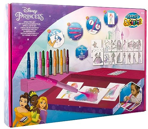 Disney Princess Deluxe Blow Pen & Stencil Set, 12 Pens, Age 4+ | Blow Pens for Kids, 16 Templates, Airbrush Colouring, Creative Arts & Crafts Drawing Kit, Disney-Themed