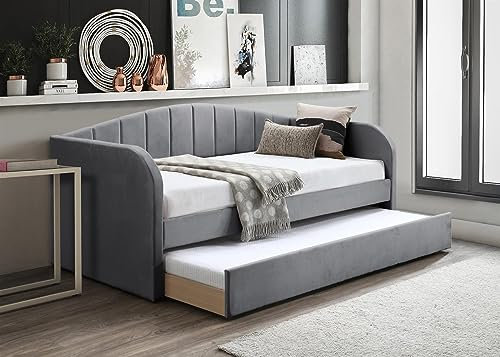 Save On Goods UK Day Bed,Sofabed,Guest Trundle Fabric Upholstered Velour,Blue,Pink,Grey Bed Frame (Grey)