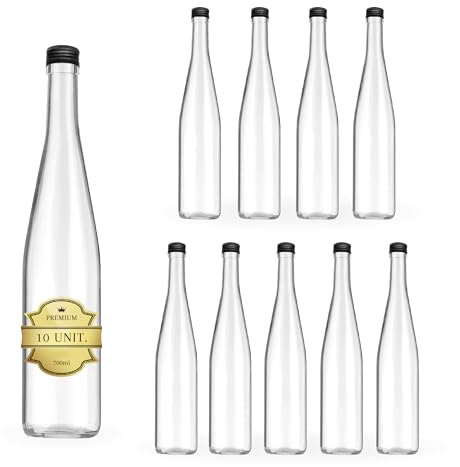 10 botellas de vidrio de 700 ml con tapón de rosca negro, ideales para bebidas espirituosas como ron, whiskey, vodka, aceite de oliva, agua y licor