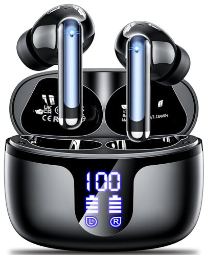 Auriculares Inalámbricos Bluetooth, 2024 Auriculares Bluetooth 5.3 HiFi Estéreo con 4 HD Mic, 50H Cascos Inalámbricos Bluetooth con función de reducción de Ruido, IPX7 Impermeable, Pantalla LED Negro
