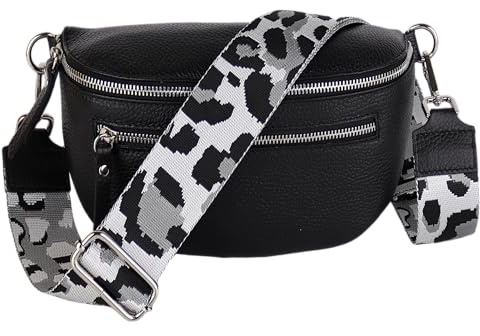 MIRROSI® Damen Bauchtasche Umhängetasche 27x14,5x8cm Damen, Made in Italy, aus Echtleder Tasche Echtes Leder, Brusttasche, Crossbody Bag,Bohemian Style (1 Tasche 2 Gurte) (Schwarz Leo Grau)