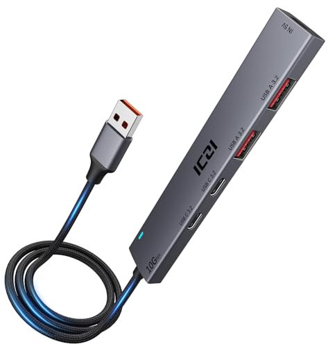 ICZI USB Hub 3.2, Hub USB 3.2 Gen 2 Transmisión Dato 10 Gbps, Aluminio 1.2m Hub USB C to 2*3.2 Puertos y 2*3.2C Puertos, Adaptador USB a Tipo C Ladron usb Compatible con Macbook Air iPhone Pro Lector