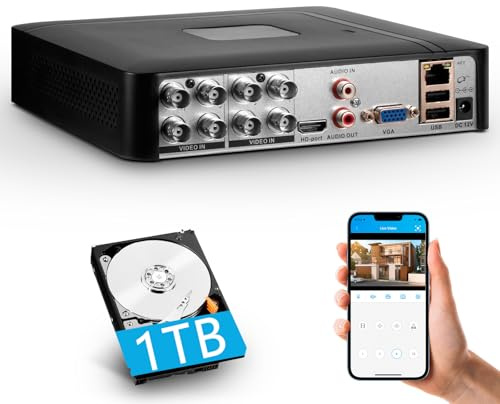 Fuers H.265+ 8CH Security DVR Recorder for Home Security Camera System,dvr 8 Channel for HD-CVBS/TVI/CVI/XVI/AHD/IP Analog Security Camera,24/7 Recording to Pre-Installed 1TB Hard Drive,Remote Access
