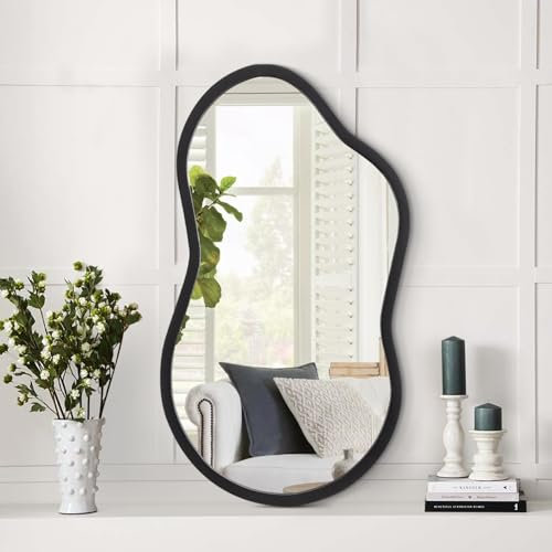 AAZZKANG Irregular Small Mirror with Wooden Frame Asymmetrical Decorative Black Wall Mirrors for Bedroom Dressing Room Living Room Bathroom Entryway