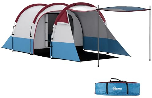 Outsunny 2 Man Camping Tent, Tunnel Tent with Bedroom, Living Room and Porch, Sewn-in Groundsheet, Portable with Bag, Large for Fishing Hiking Festival, 420L x 200W x 150H cm, Red