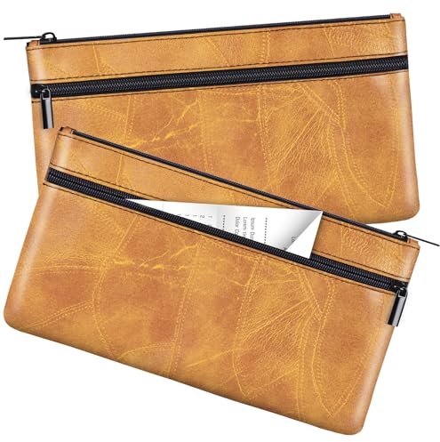 HAUTOCO 2 Stück Geldtaschen Banktasche PU-Leder Texturiert Bankmappe mit Reißverschluss 28 x 15.5 cm A5 Dokumente Geldmappe für Business Haushalt Schule, Braun